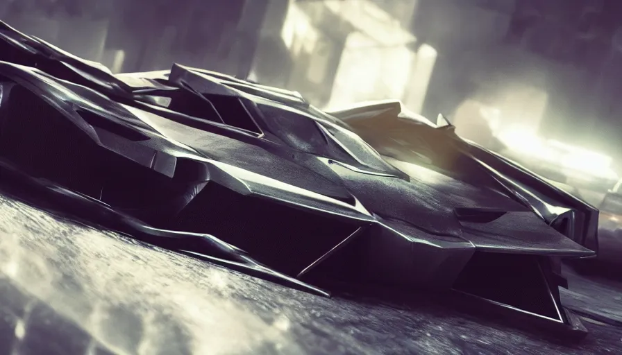 Image similar to rollcage batmobile, realistic, volumetric light, hyperdetailed, artstation, cgsociety, 8 k