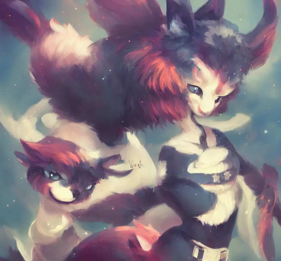 Image similar to vtuber in furry costume, dark colors, acrilic paint, brush paint, heavenly atmosphere, paint, ultra detailed, beautiful image, resolution, artstation