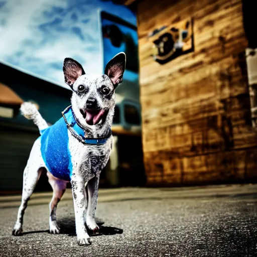 Image similar to blue heeler dog on a motorcycle, 8 k photography, blurred background of a wafflehouse