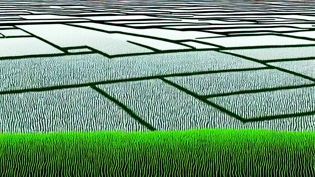 Image similar to a rice field in toyama city, japan, a collage painting, in the style of wes anderson, lola dupre, david hockney, isolated on negative white space background dark monochrome neon fluorescent spraypaint accents volumetric octane render