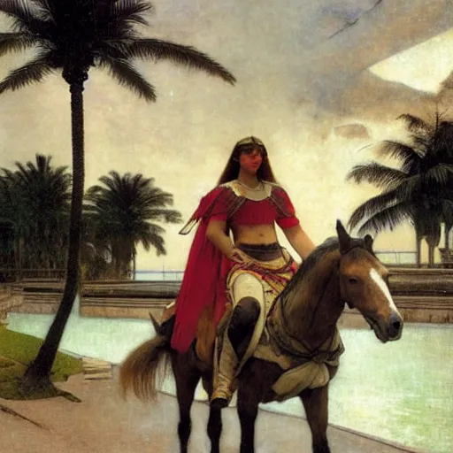 Image similar to Girl riding a horse leaving the palace through the bridge, thunderstorm, beach and palm trees on the background major arcana sky, by paul delaroche, alphonse mucha and arnold böcklin arnold böcklin hyperrealistic 8k, very detailed