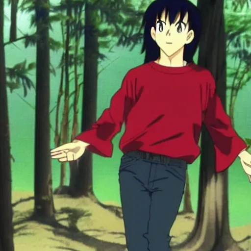 Image similar to a still of a 90s OVA of a man with black hair wearing a red shirt in a forest