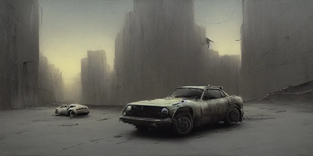 Image similar to car in full speed in a empty street, mad max kieth thomsen, zdzislaw beksinski