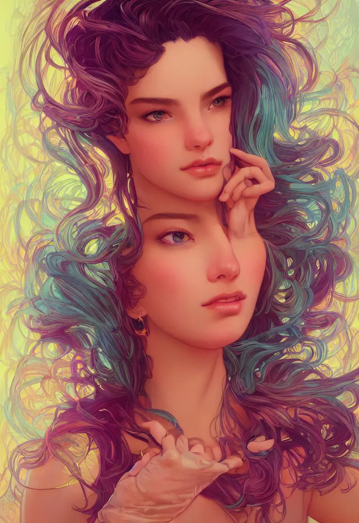 Image similar to beautiful, young woman, detailed gorgeous face, vaporwave aesthetic, synthwave, colorful, psychedelic, artstation, concept art, smooth, extremely sharp detail, finely tuned detail, ultra high definition, 8 k, unreal engine 5, ultra sharp focus, illustration, art by artgerm, greg rutkowski and alphonse mucha