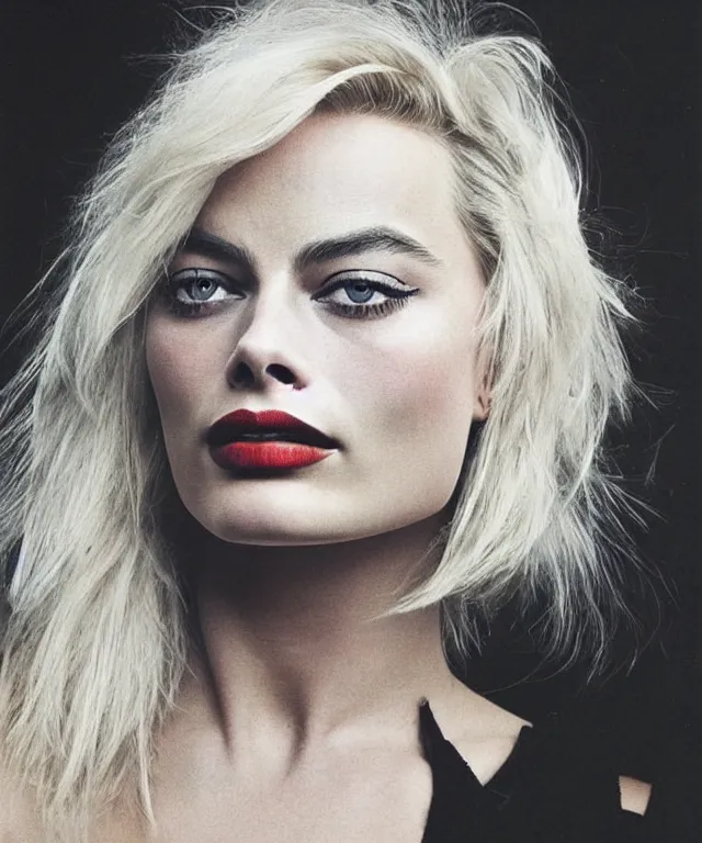 Prompt: a color photograph of margot robbie, by robert mapplethorpe, platinum blond, intense, bold, exaggerated, ultra sharp, extra details, ultra high quality, trending on pinteresst