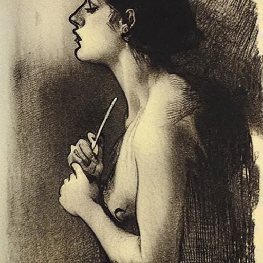 Image similar to anders zorn etching. damsel smoking a long cigarette. ink