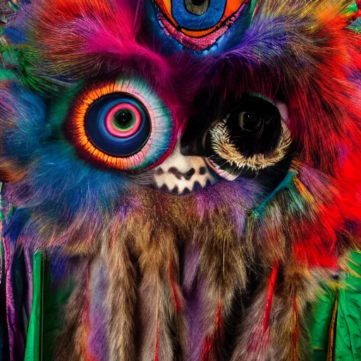 Prompt: a photography of a shamanic creature with big painted eyes and multiple layers of fabric and fur by charles freger