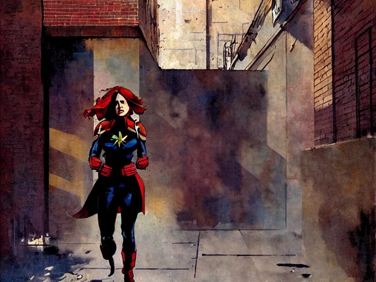 Prompt: captain marvel in an alley by mead schaeffer