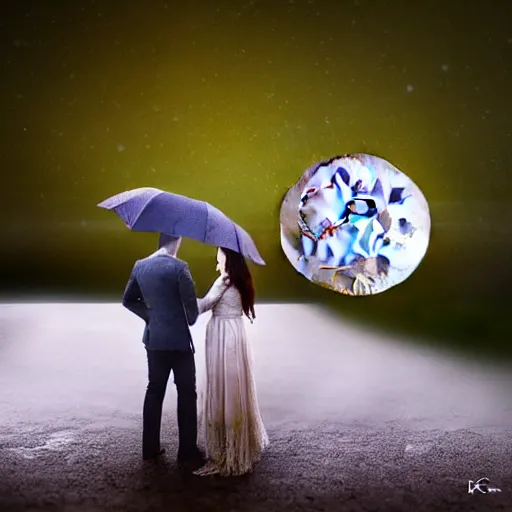 Image similar to rain, moon, knight and princess, realistic photography