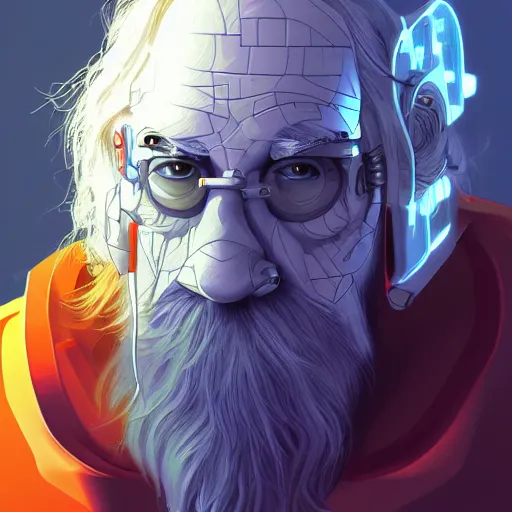 Image similar to cyberpunk robotic gandalf, sharp lines, digital, artstation, colored in