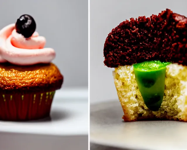 Prompt: dslr food photograph of a cupcake with a slice of pickle on top, 8 5 mm f 1. 4