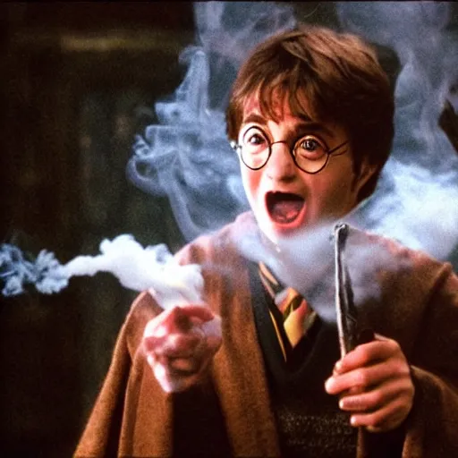 Image similar to harry potter exhaling a huge smoke cloud from his magical wizard bong, film still, cinematic lighting