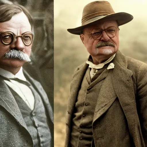 Prompt: Tobey Maguire as Theodore Roosevelt in 'Roosevelt' (2017), movie still frame, oscar nominated cinematography, volumetric lighting, 8k resolution.