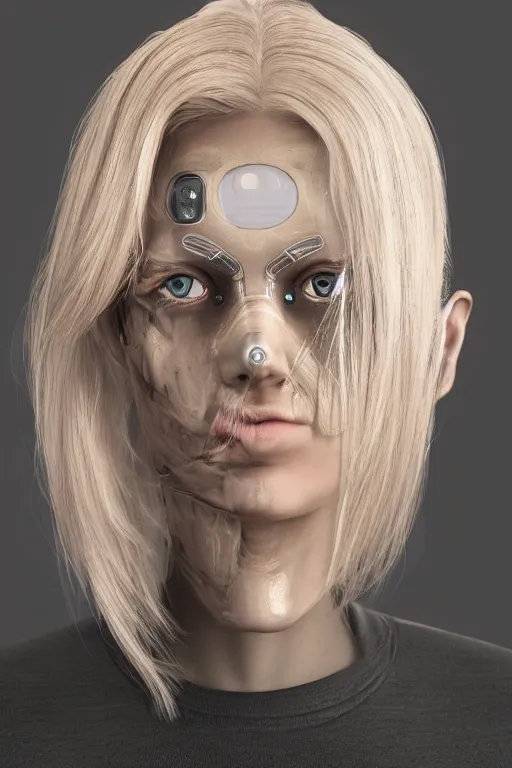 Image similar to robot with human face, female head, woman human face, human face realistic, human head, human head with blonde hair, blonde hair human head, blonde hair, human realistic face, human head skin, cyborg frame concept, cyborg by ales-kotnik, sci-fi android female