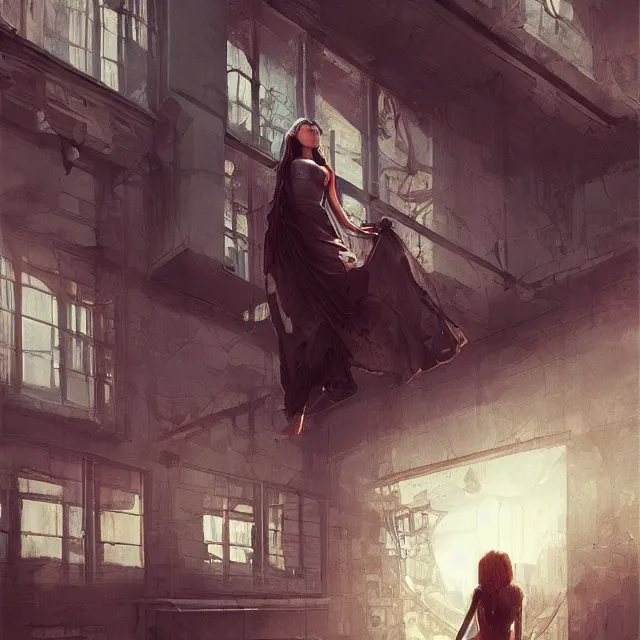 Prompt: window, woman, buildings, surprise, scared, couch by wlop, artgerm, greg rutkowski, evocative, highly detailed