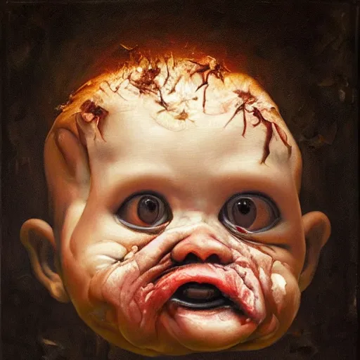 Prompt: oil painting by christian rex van minnen of a portrait of an extremely bizarre disturbing mutated baby with intense chiaroscuro lighting perfect composition, baby scarred, burns, horrible, disgusting, terrifying, award winning painting