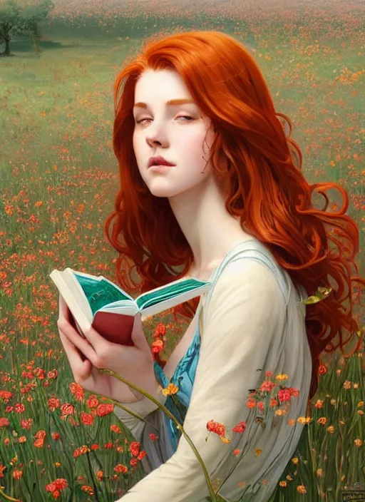 Image similar to an epic fantasy comic book style portrait painting of a young red headed girl reading a book in a field of flowers surrounded by bees, d & d, fantasy, intricate, elegant, highly detailed, digital painting, artstation, concept art, matte, sharp focus, illustration, art by artgerm and greg rutkowski and alphonse mucha