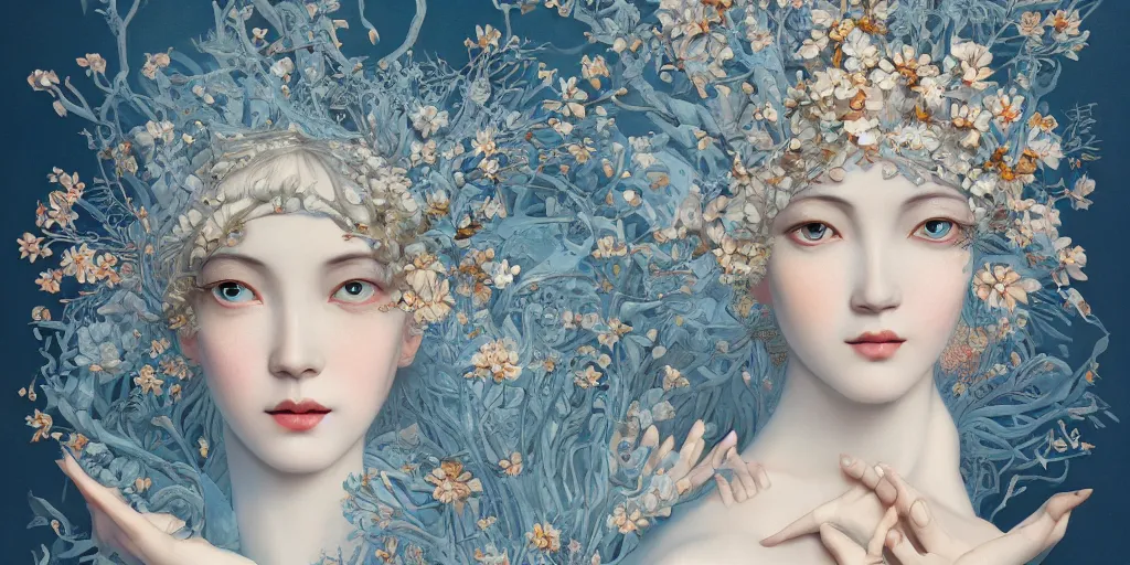 Image similar to breathtaking detailed concept art painting art deco pattern of blonde faces goddesses amalmation light - blue flowers with anxious piercing eyes and blend of flowers and birds, by hsiao - ron cheng and john james audubon, bizarre compositions, exquisite detail, extremely moody lighting, 8 k