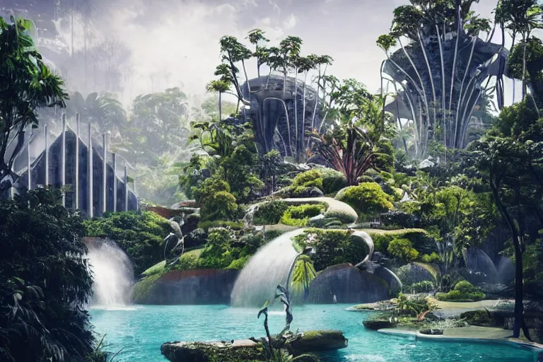 Prompt: brutalist futuristic white Aztec structures, manicured garden of eden, pools and streams, tropical foliage, birds, sculpture gardens, Spring, by Jessica Rossier and Brian Froud