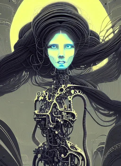 Prompt: highly detailed portrait of a biomechanical long curly white hair tribal lady, stray wiring by atey ghailan, james gilleard, by joe fenton, by greg rutkowski, by greg tocchini, by kaethe butcher, 4 k resolution, gradient yellow, black and white color scheme!!! ( ( dystopian robotic pyramid tomb background ) )