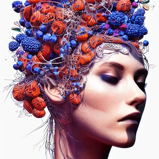 Prompt: the head of an incredibly beautiful and elegant woman partially made of carrots and blueberries, an ultrafine detailed illustration by james jean, final fantasy, intricate linework, bright colors, behance contest winner, vanitas, angular, altermodern, unreal engine 5 highly rendered, global illumination, radiant light, detailed and intricate environment