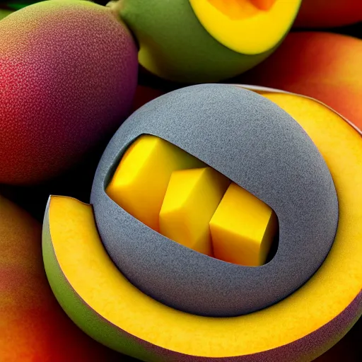 Image similar to multicolor 3 d render of funny cat as mango fruit by blender guru created at modern world in 4 k ultra high resolution, with funny feeling