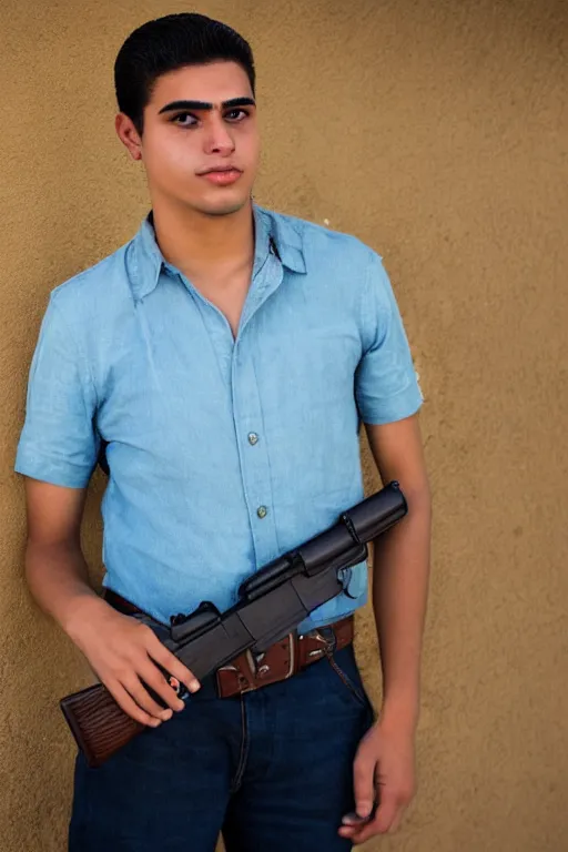 Image similar to a portrait of a handsome 2 3 years old cuban man holding a gun