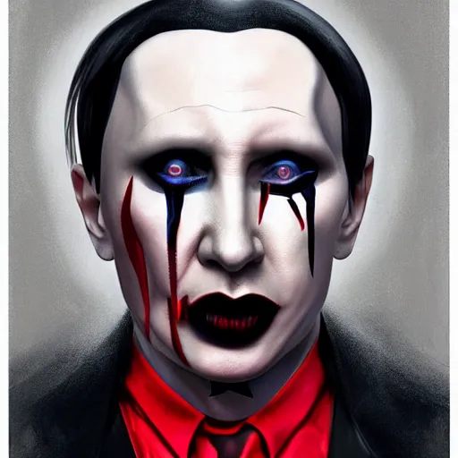 Image similar to Vladimir Putin as Marilyn Manson from Marilyn Manson, portrait, highly detailed, digital painting, artstation, concept art, smooth, sharp focus, illustration, cinematic lighting, art by artgerm and greg rutkowski and alphonse mucha