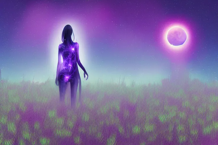 Image similar to a digital painting of a extraterrestrial alien female that's lost in a meadow, tall plants, purple lighting, night sky, glows, moonlight,