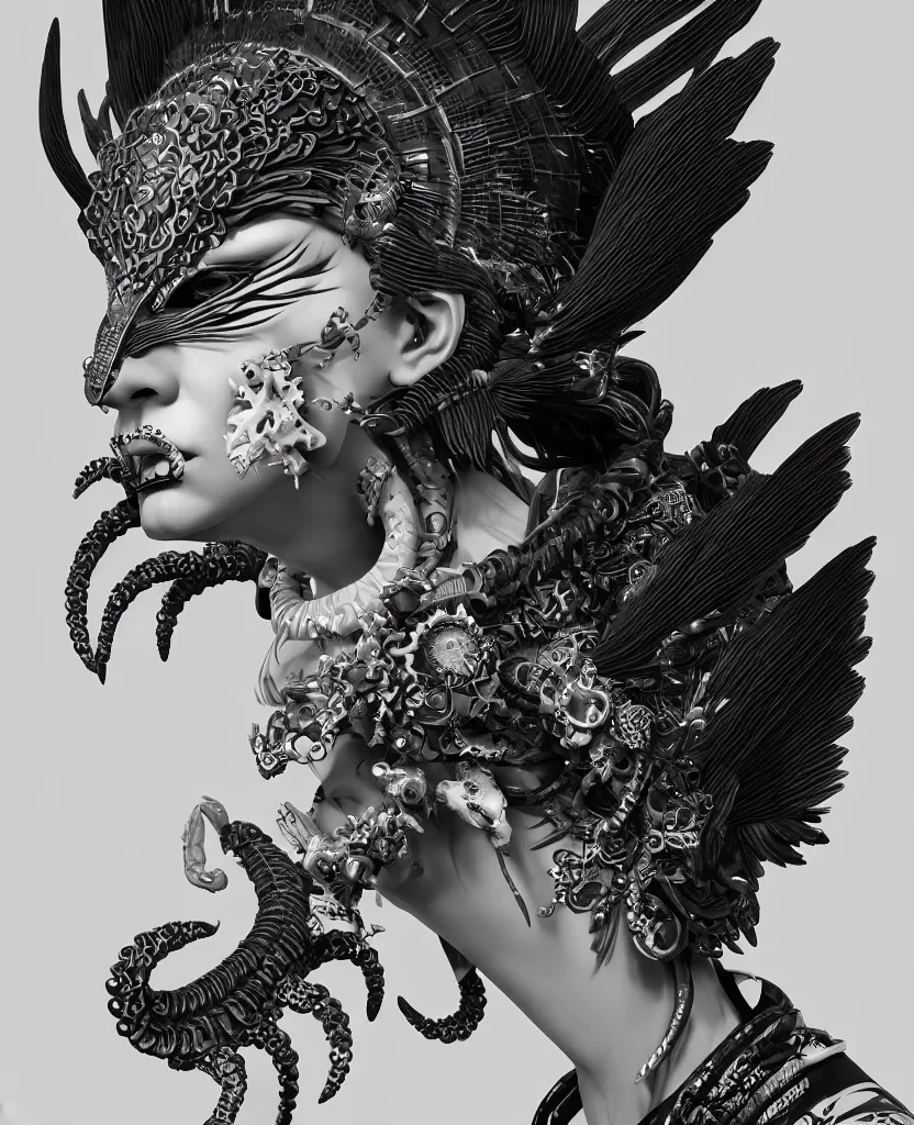 Image similar to 3 d goddess close - up profile portrait punk with mohawk with ram skull. beautiful intricately detailed japanese crow kitsune mask and clasical japanese kimono. betta fish, jellyfish phoenix, bio luminescent, plasma, ice, water, wind, creature, artwork by tooth wu and wlop and beeple and greg rutkowski