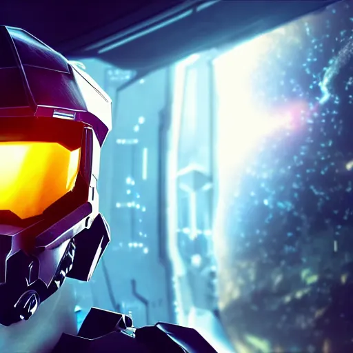 Image similar to cyberpunk halo helmet on space, close shot, reflection, epic, dramatic, cinematic, award winning, ultra detailed, realistic