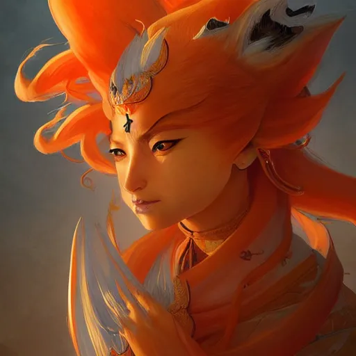 Image similar to japanese fox goddess, d & d, nine tails, orange and white color palette, highly detailed, digital painting, artstation, concept art, sharp focus, illustration, cinematic lighting, art by artgerm and greg rutkowski and alphonse mucha