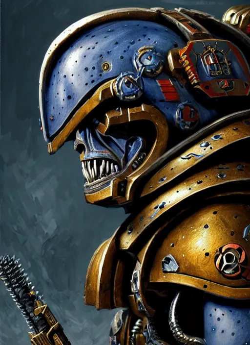 Prompt: portrait of willem dafoe as a space marine, intricate, warhammer, warhammer 4 0 k, highly detailed, digital painting, concept art, sharp focus, illustration, muted colors, grim dark, moody, gloomy, art by john blanche, by pedro nunez, by jaime martinez, by nacho molina