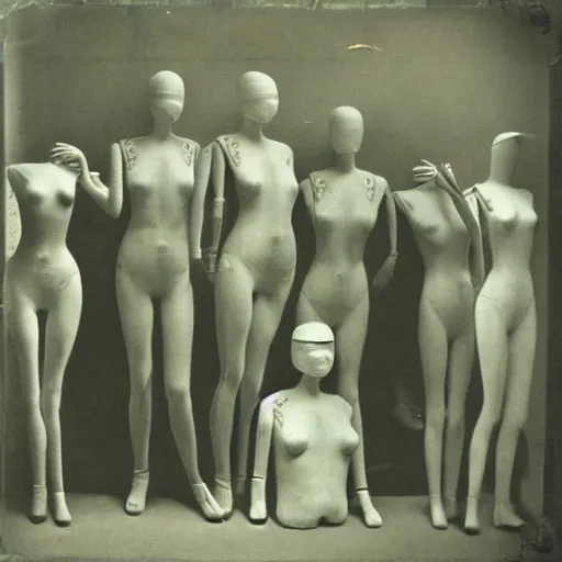 Prompt: a manikin party, photograph, style of atget, nightmare, concept art, creepy