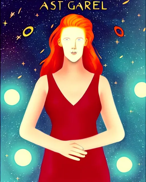 Image similar to tarot card of space astral girl, red hair, ginger hair, fantasy, glowing skin, smooth face, perfect eyes