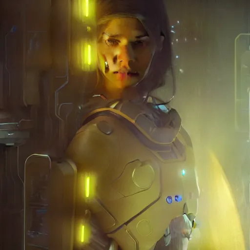 Image similar to a portrait of scifi futuristic bio machine cute girl, high detail, yellow lighting by gaston bussiere, bayard wu, greg rutkowski, giger, maxim verehin, greg rutkowski, masterpiece, sharp focus, cinematic lightning - h 7 6 8