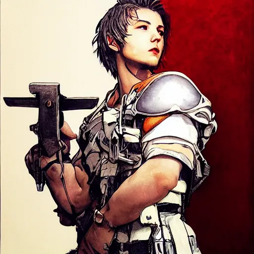 Prompt: cinematic portrait of a young white hero using his right arm to hold his sword covering his eye by yoji shinkawa, high quality, extra details, realism, ornate, colored, golden chain, blood, white skin, short hair, brown eyes, vivid, sunlight, dynamic, american man, freedom, white american soldier, painting, cybernetics, military