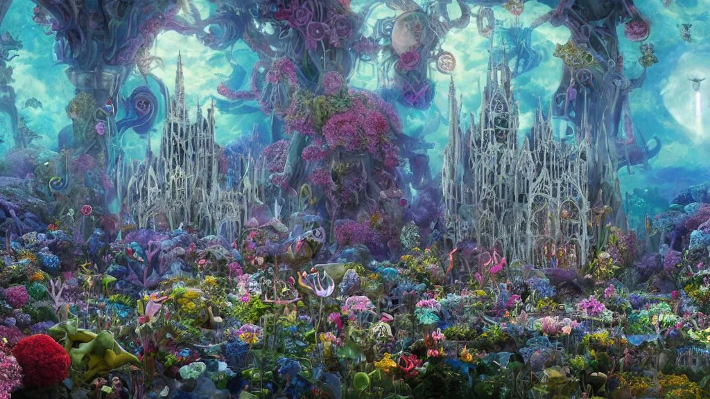 Image similar to a centered render of intricate modular synthesizer of alice in wonderland, shining its light across a tumultuous sea of flowers, undersea animals and gothic crystal church by dorothea tanning and salvador dali, trending on artstation, cyber punk, soft light color, unreal engine, high detailed, 8 k