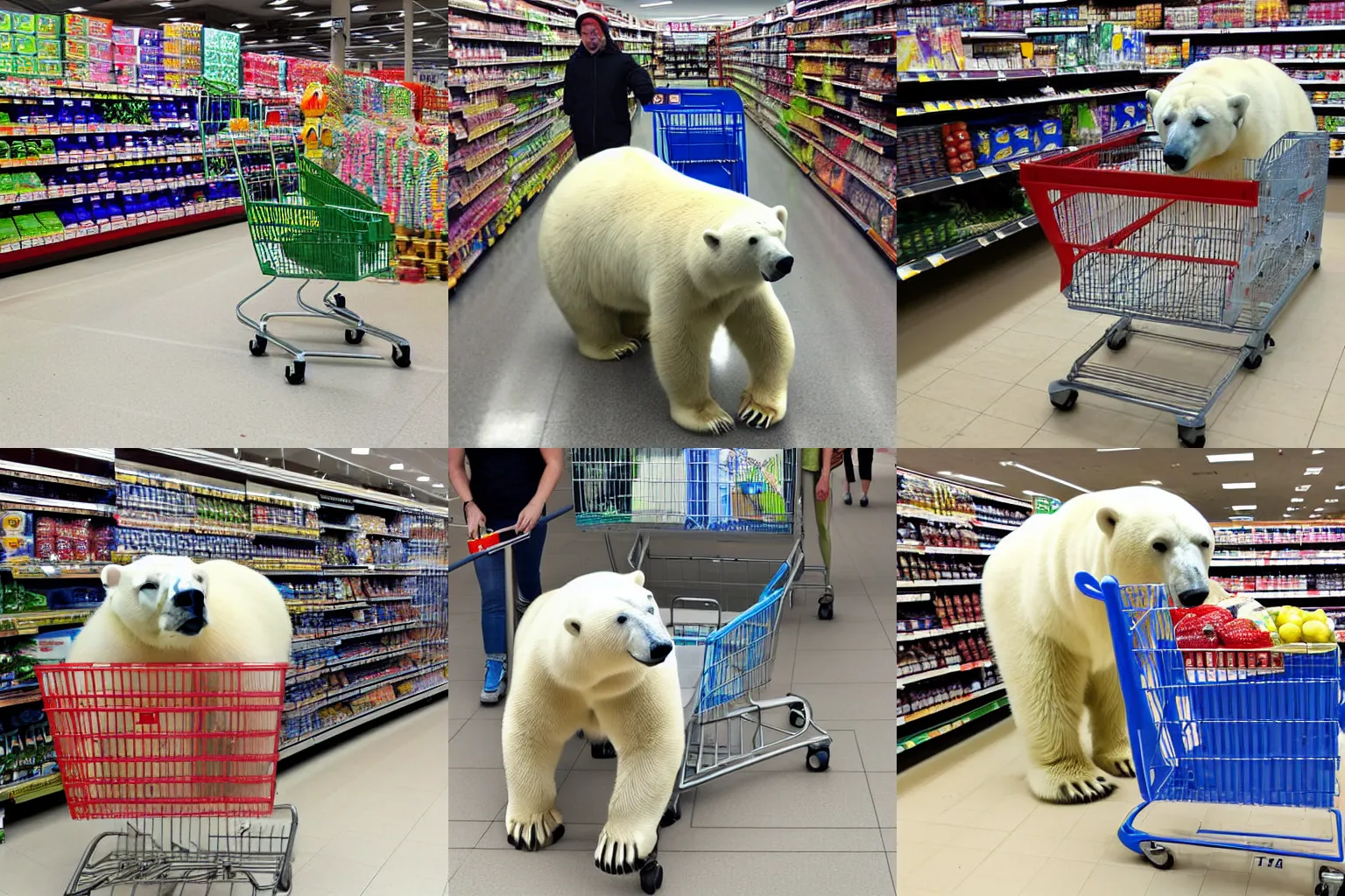 Prompt: an oversized polar bear pushing a shopping cart in a grocery store, today's featured photograph 4K