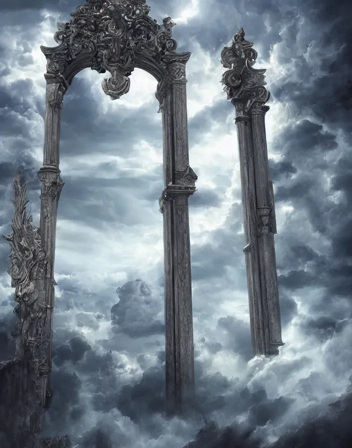 Image similar to Gates of heaven in the clouds by paul chadeison, concept art, ultra realistic, super detailed, photorealistic, cinematographic, epic lighting,