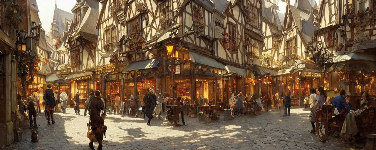 Prompt: a cinematic highly detailed painting of quimper, france, by stanley artgerm lau, greg rutkowski, thomas kinkade, alphonse mucha, loish, norman rockwell, artstation