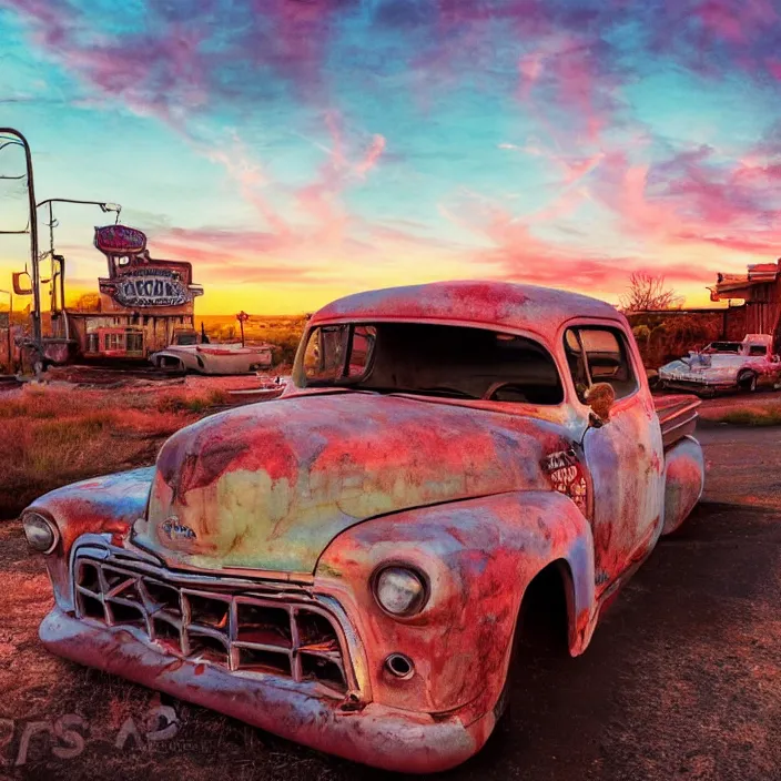 Image similar to a sunset light landscape with historical route 6 6, lots of sparkling details and sun ray ’ s, blinding backlight, smoke, volumetric lighting, colorful, octane, 3 5 mm, abandoned gas station, old rusty pickup - truck, beautiful epic colored reflections, very colorful heavenly, softlight