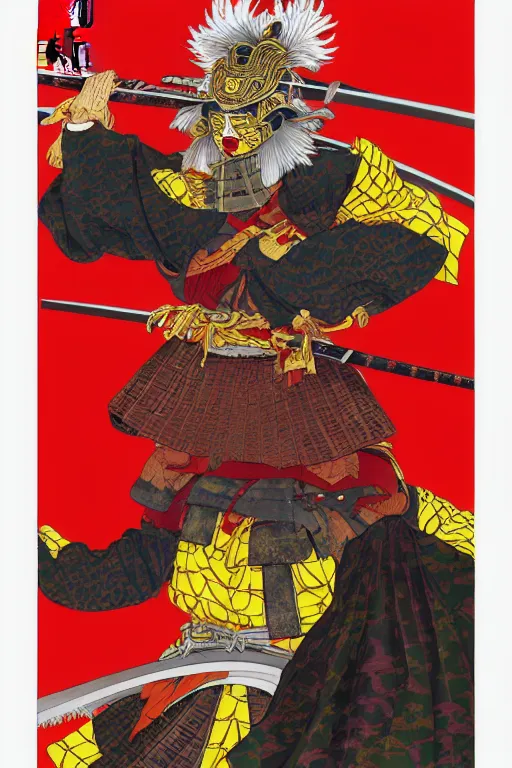 Prompt: poster of ronald mcdonald as a samurai, wearing sengoku - era shogunate armor and helmet, by yoichi hatakenaka, masamune shirow, josan gonzales and dan mumford, ayami kojima, takato yamamoto, barclay shaw, karol bak, yukito kishiro