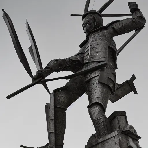 Image similar to [Sculpture of St.Georges fighting a windmill in the style of futurist brutalism, concrete, in an art gallery]