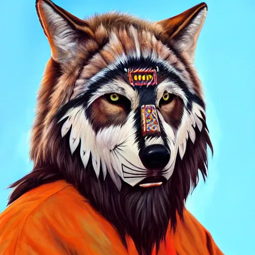 Prompt: painting portrait of a native american wearing a wolf face mask, artstation, ultra detailed
