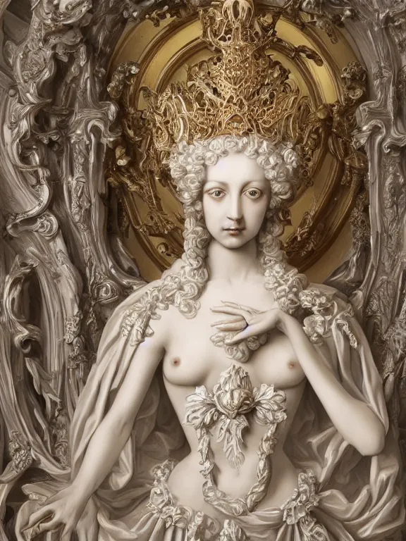 Image similar to a beautiful render of rococo catholic princess sculpture with symmetry intricate detailed,by Nekro and aaron horkey and peter gric and Cedric Peyravernay and Billelis,Trending on artstation,ZBrush,masterpiece,maximalist,glittering,gold,silver，ivory,hyperreal