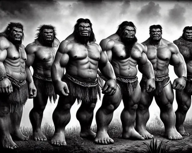 Image similar to hyper realistic group vintage photograph of a live action warcraft orc warrior tribe in the jungle, tall, hulk like physique, detailed faces, tribal paint, tribal armor, grain, old, monochrome, sepia toned, realistic lighting, wide angle