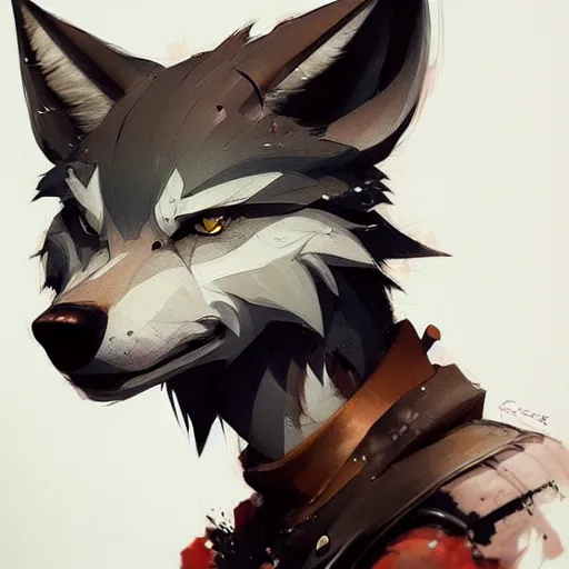 Image similar to concept art of anthropomorphized wolf, highly detailed painting by dustin nguyen, akihiko yoshida, greg tocchini, 4 k, trending on artstation, 8 k