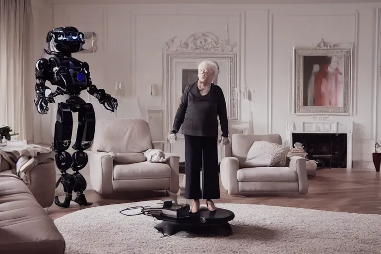 Image similar to VFX movie portrait of happy old woman stand-off with futuristic robot in a decadent living room by Emmanuel Lubezki