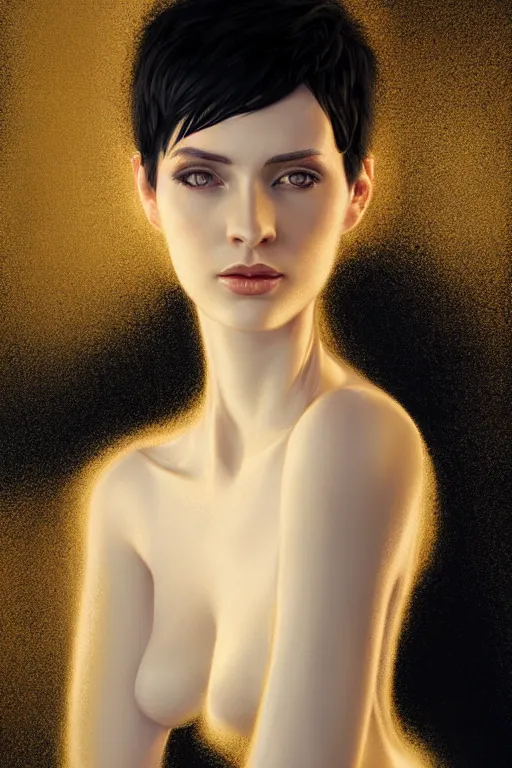 Image similar to Portrait of a beautiful pale skin Nordic female with short black hair, elegant, photorealistic, highly detailed, artstation, smooth, sharp focus, gold ornaments, neon lighting, sci-fi, art by Klimt.